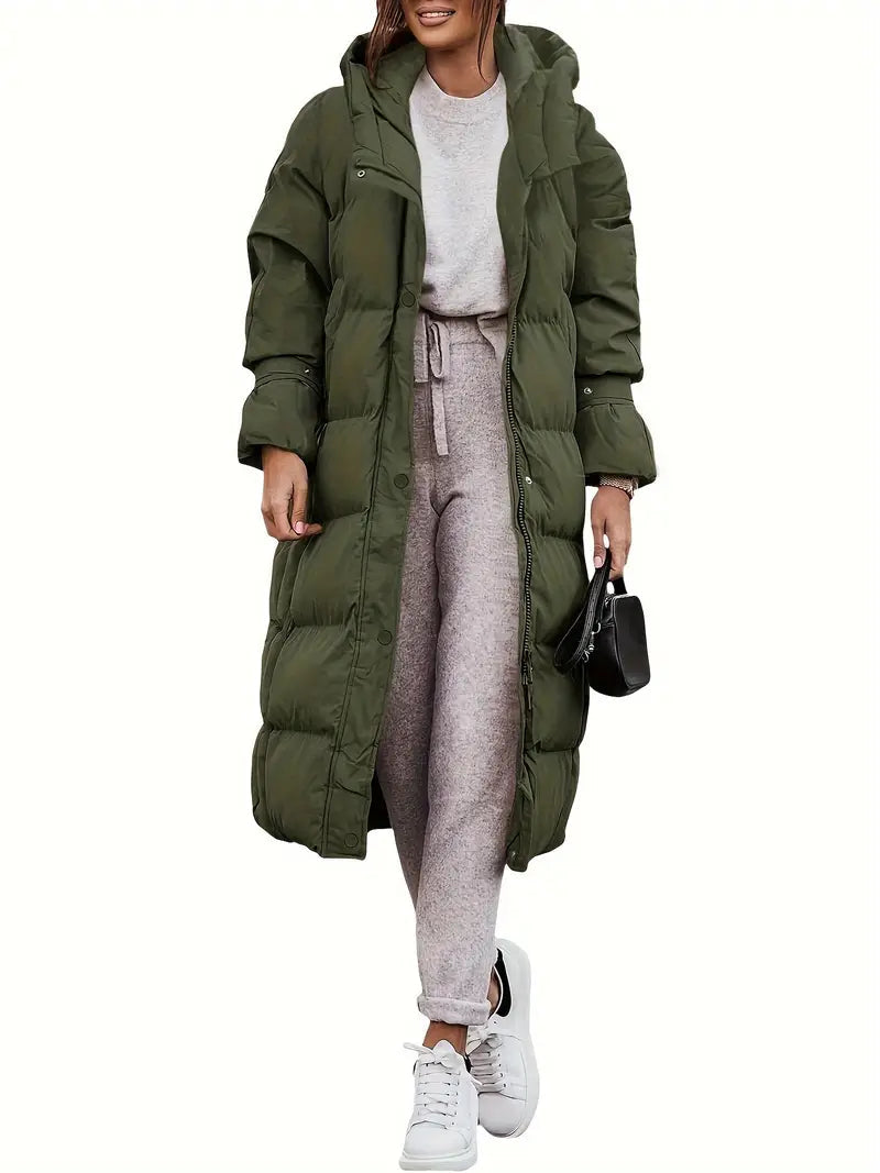 Drune | Damen Lange Pufferjacke mit Kapuze und Warm Gefüttertem Innenraum