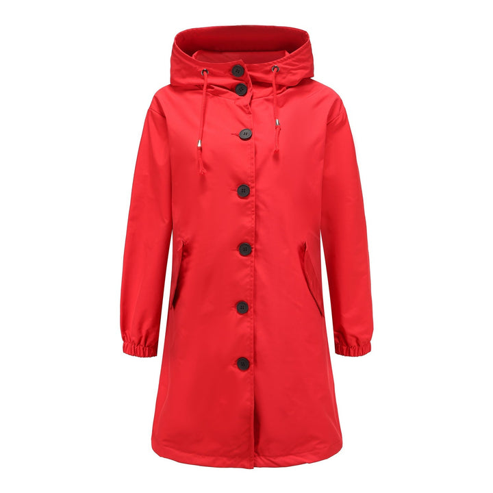 Drune | Damen Lange Regenjacke mit Kapuze und Knopfleiste