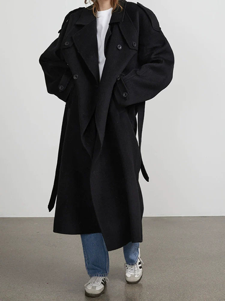 Drune | Damen Lange Oversized Trenchcoat mit Doppelter Knopfreihe und Taillengurt