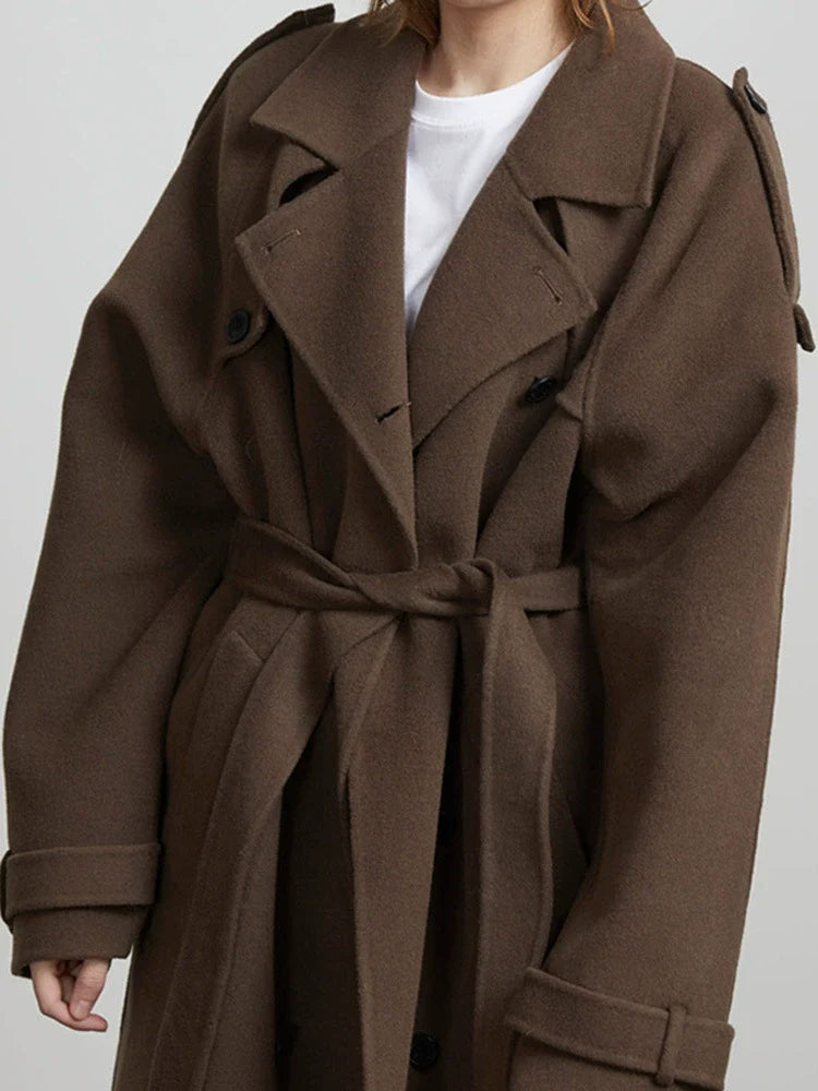 Drune | Damen Lange Oversized Trenchcoat mit Doppelter Knopfreihe und Taillengurt