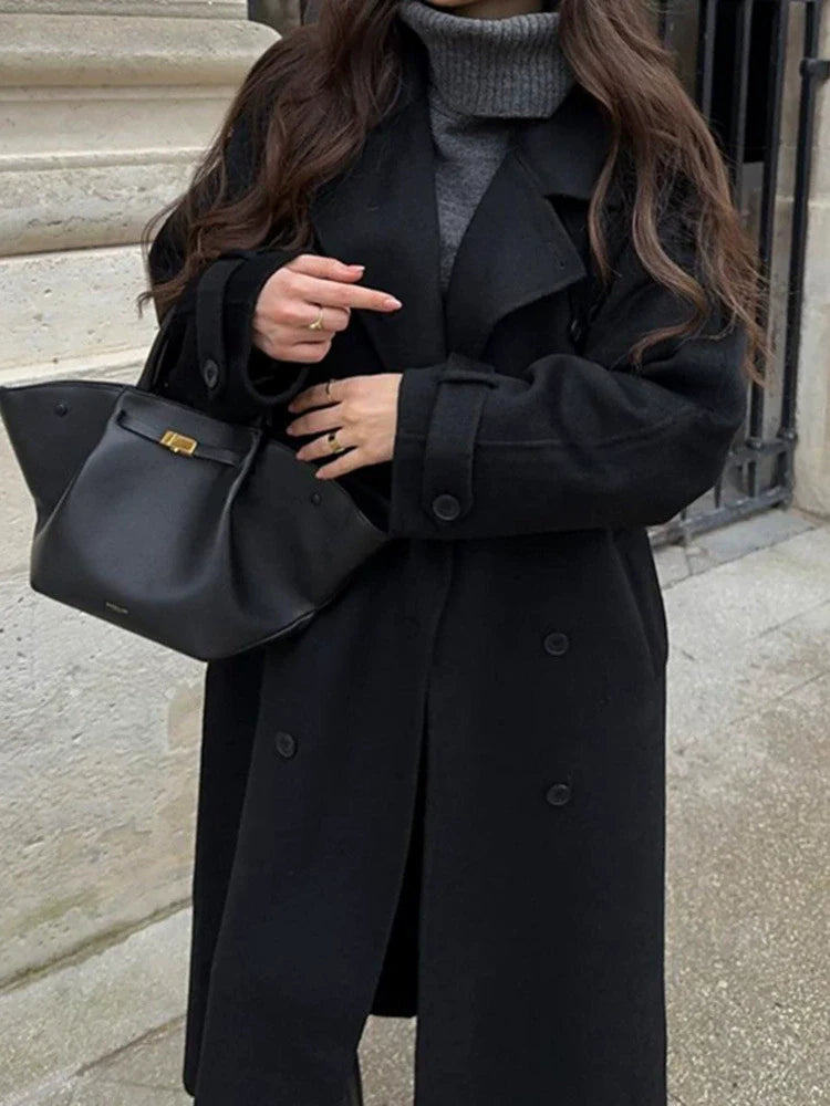 Drune | Damen Lange Oversized Trenchcoat mit Doppelter Knopfreihe und Taillengurt