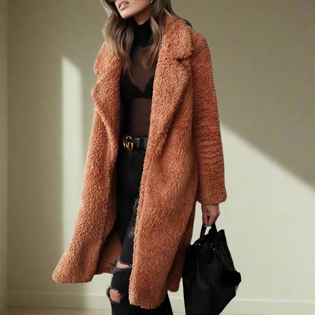 Drune | Damen Lange Teddy Jacke Aus Kunstfell mit Reverskragen