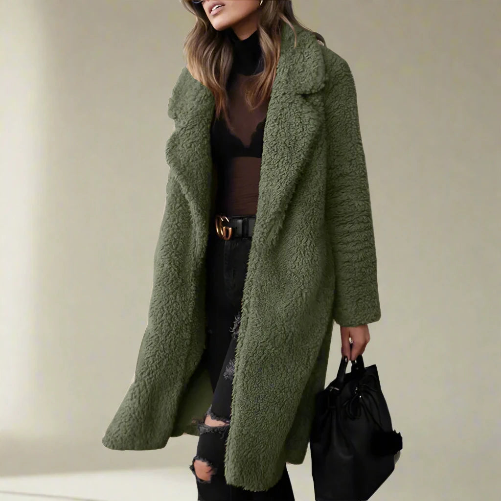 Drune | Damen Lange Teddy Jacke Aus Kunstfell mit Reverskragen