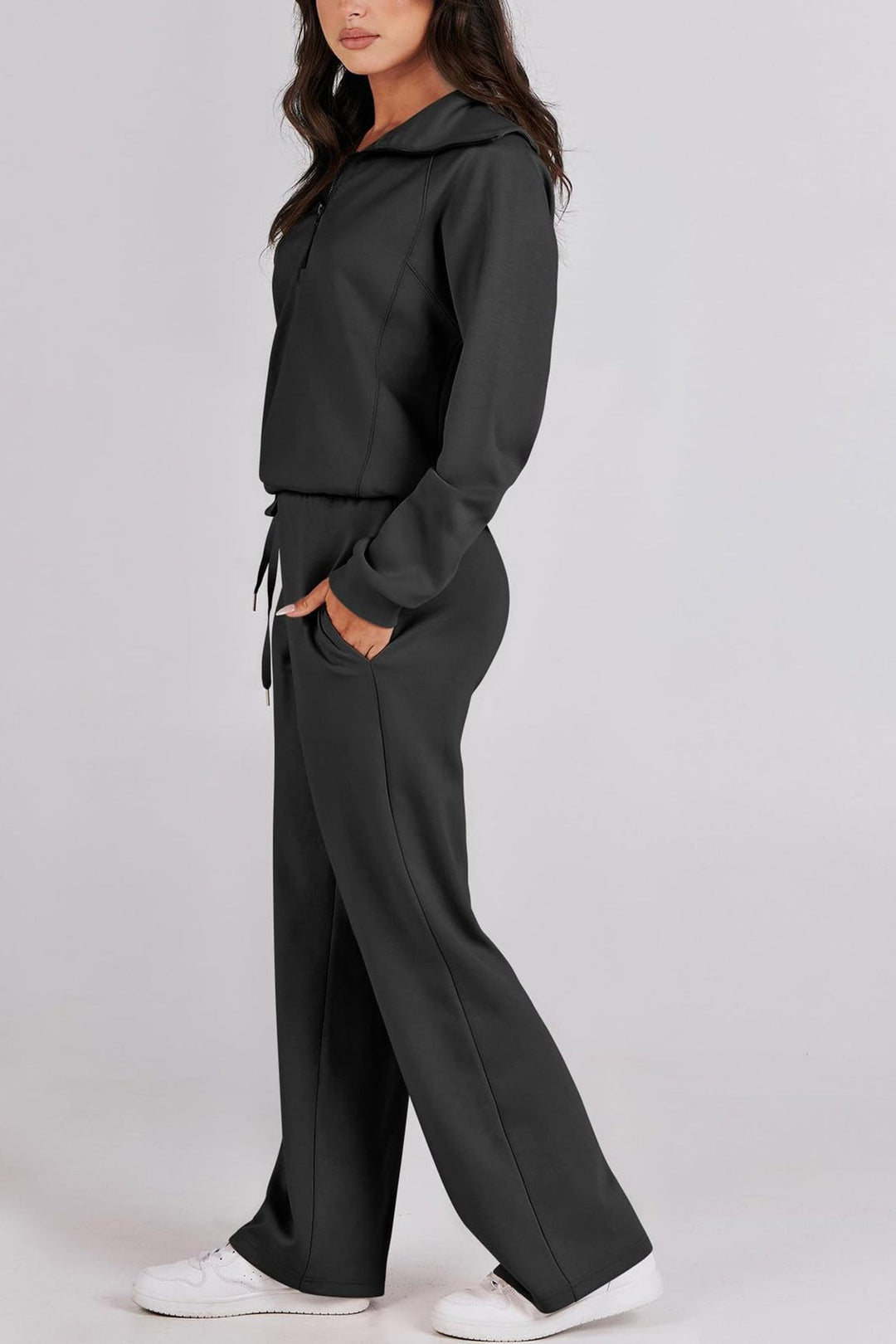 Drune | Langes Hosen-Set mit weitem Bein und Revers-Reißverschluss-Sweatshirt
