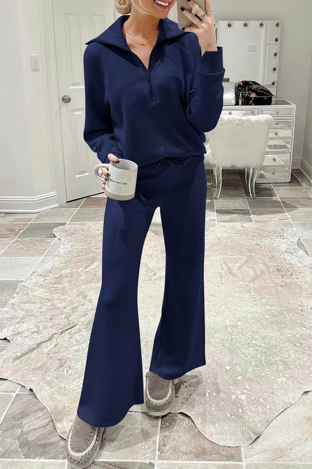 Drune | Langes Hosen-Set mit weitem Bein und Revers-Reißverschluss-Sweatshirt
