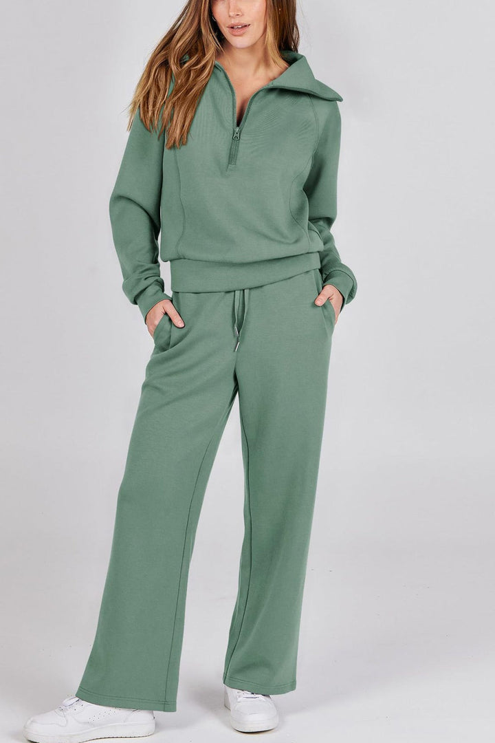 Drune | Langes Hosen-Set mit weitem Bein und Revers-Reißverschluss-Sweatshirt