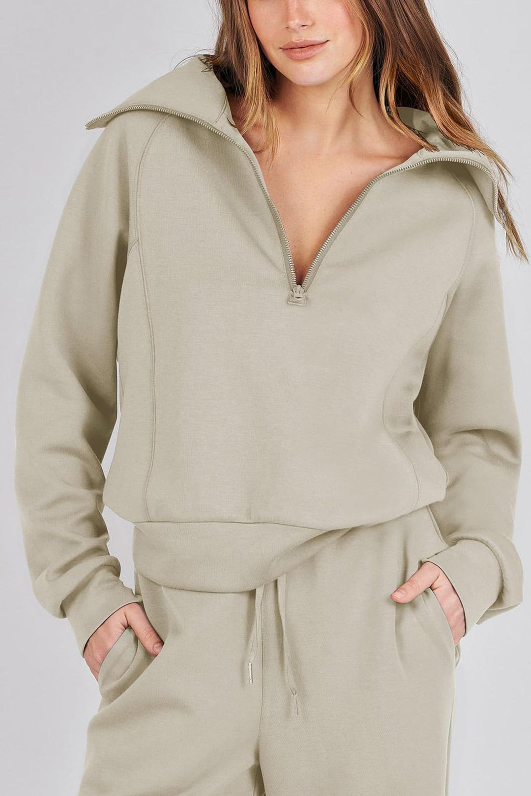Drune | Langes Hosen-Set mit weitem Bein und Revers-Reißverschluss-Sweatshirt