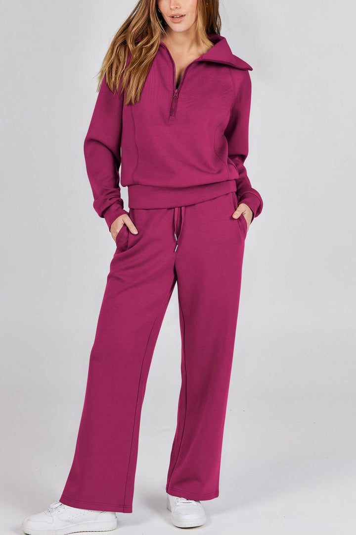Drune | Langes Hosen-Set mit weitem Bein und Revers-Reißverschluss-Sweatshirt