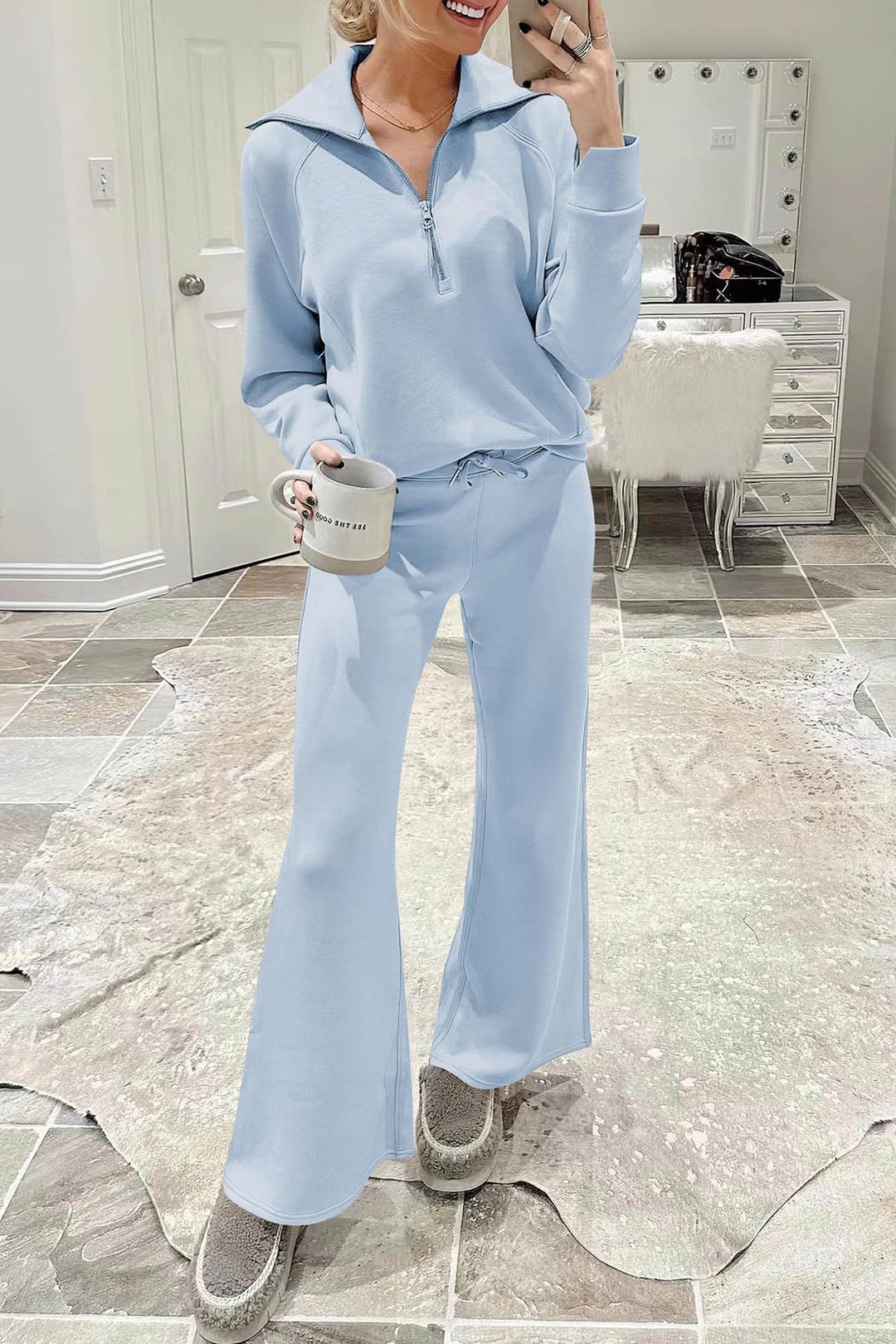 Drune | Langes Hosen-Set mit weitem Bein und Revers-Reißverschluss-Sweatshirt