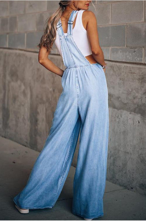 Drune | mit weitem Bein ärmellos lockere Passform Denim Overall Jumpsuit für Frauen