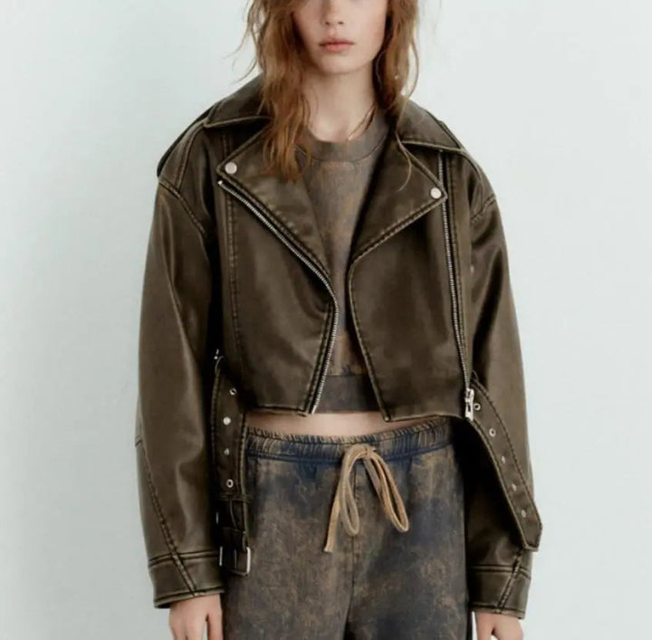 Drune | Übergroße Cropped Bikerjacke Aus Kunstleder mit Gürtel