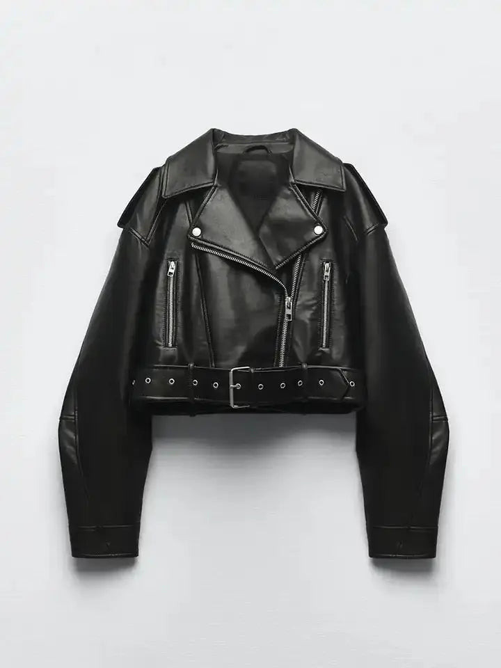 Drune | Übergroße Cropped Bikerjacke Aus Kunstleder mit Gürtel