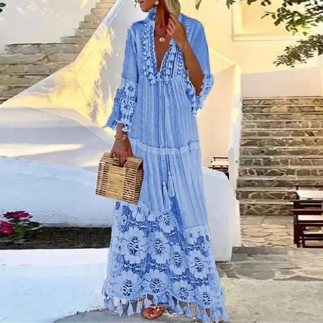 Drune | Langes Boho-Kleid Mit Spitze Und Quasten