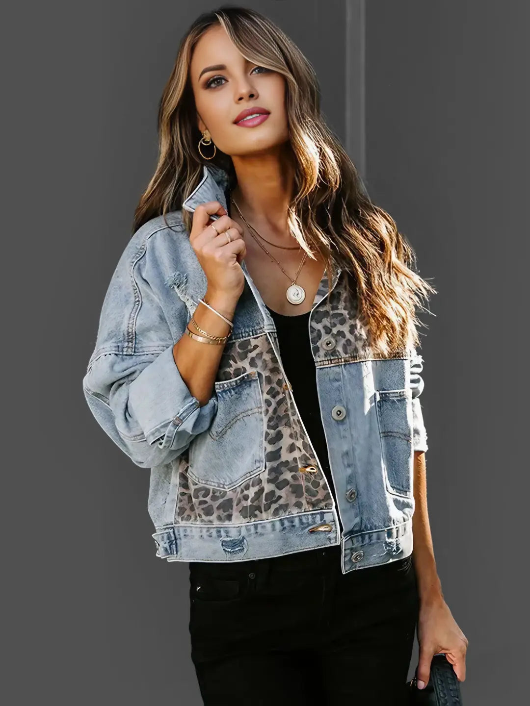 Drune | Leopardenakzent Denimjacke Kühn und Stilvoll