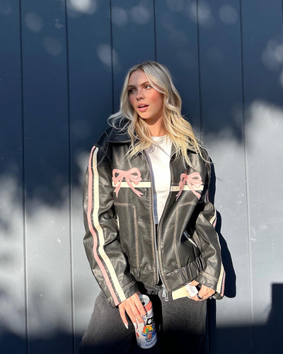 Drune | Schleifenprint Retro Bikerjacke Leder Damenjacke