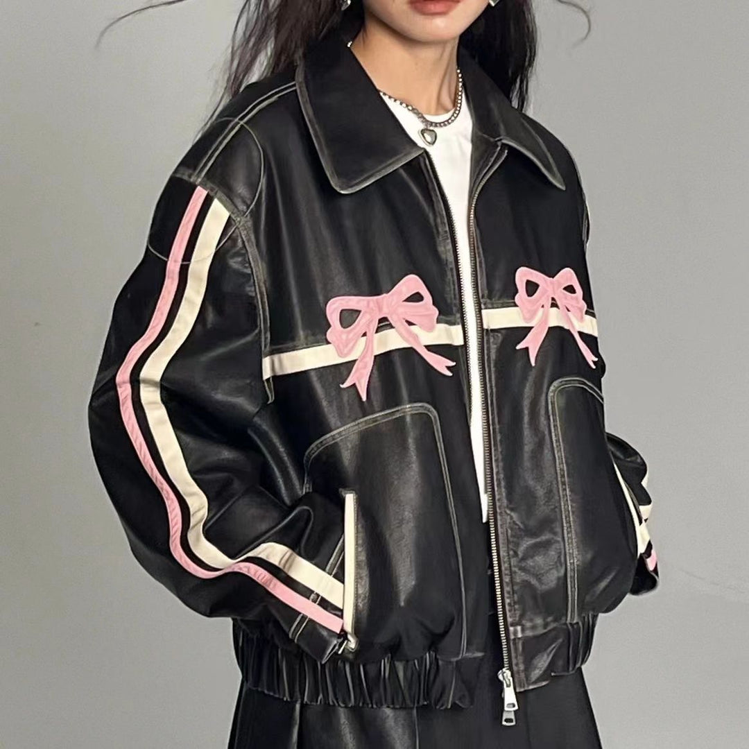 Drune | Schleifenprint Retro Bikerjacke Leder Damenjacke