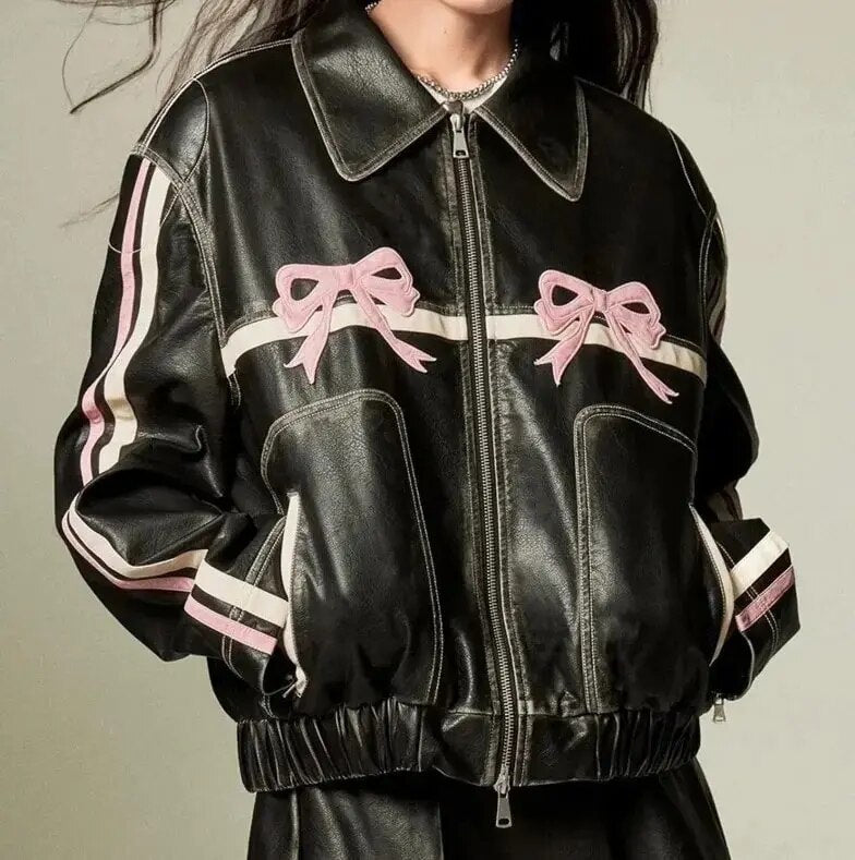 Drune | Schleifenprint Retro Bikerjacke Leder Damenjacke