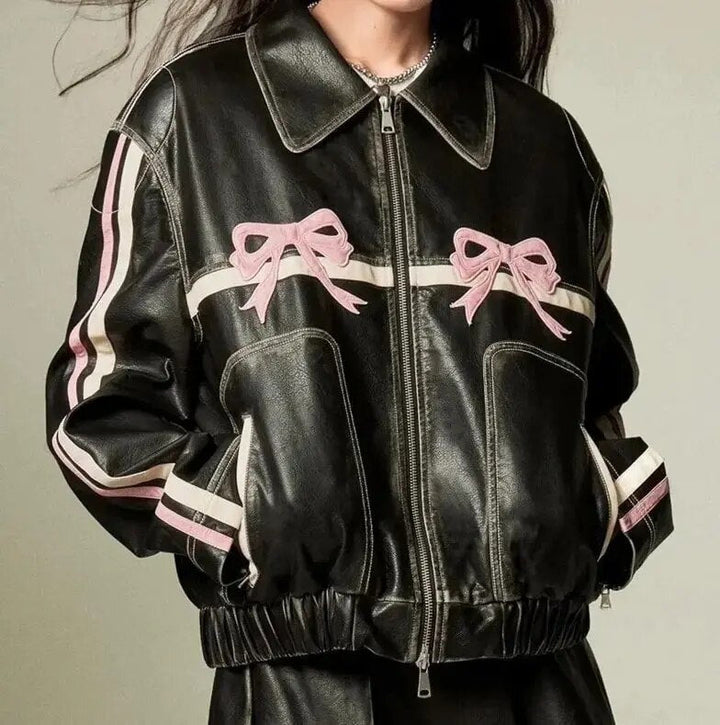 Drune | Schleifenprint Retro Bikerjacke Leder Damenjacke