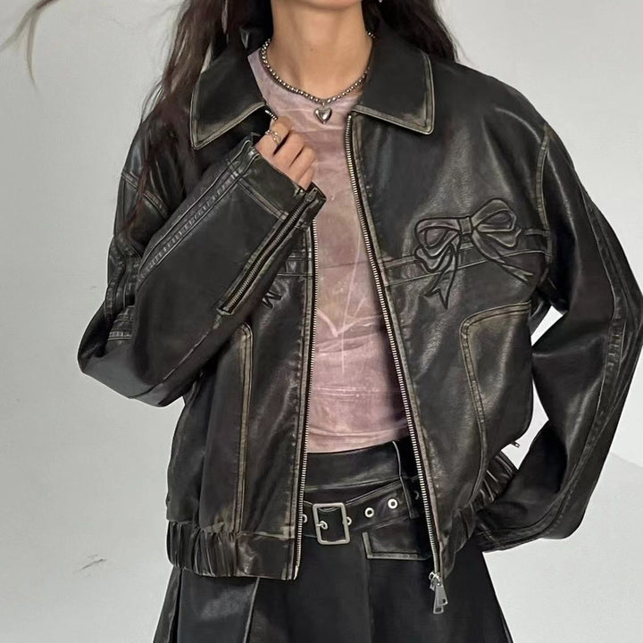 Drune | Schleifenprint Retro Bikerjacke Leder Damenjacke