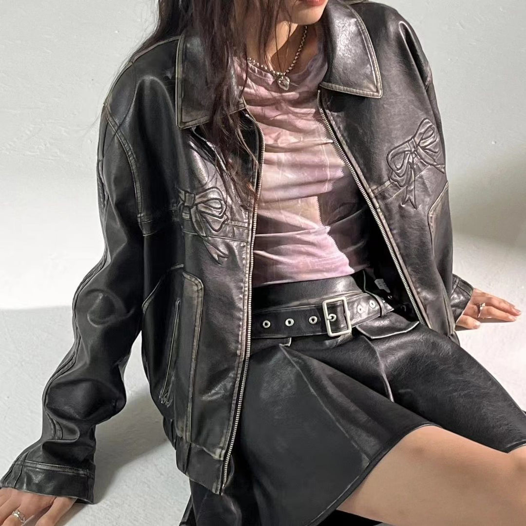 Drune | Schleifenprint Retro Bikerjacke Leder Damenjacke