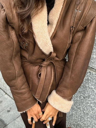 Drune | Fleece Futter Braun Gürtel mit Kunstpelz für Frauen