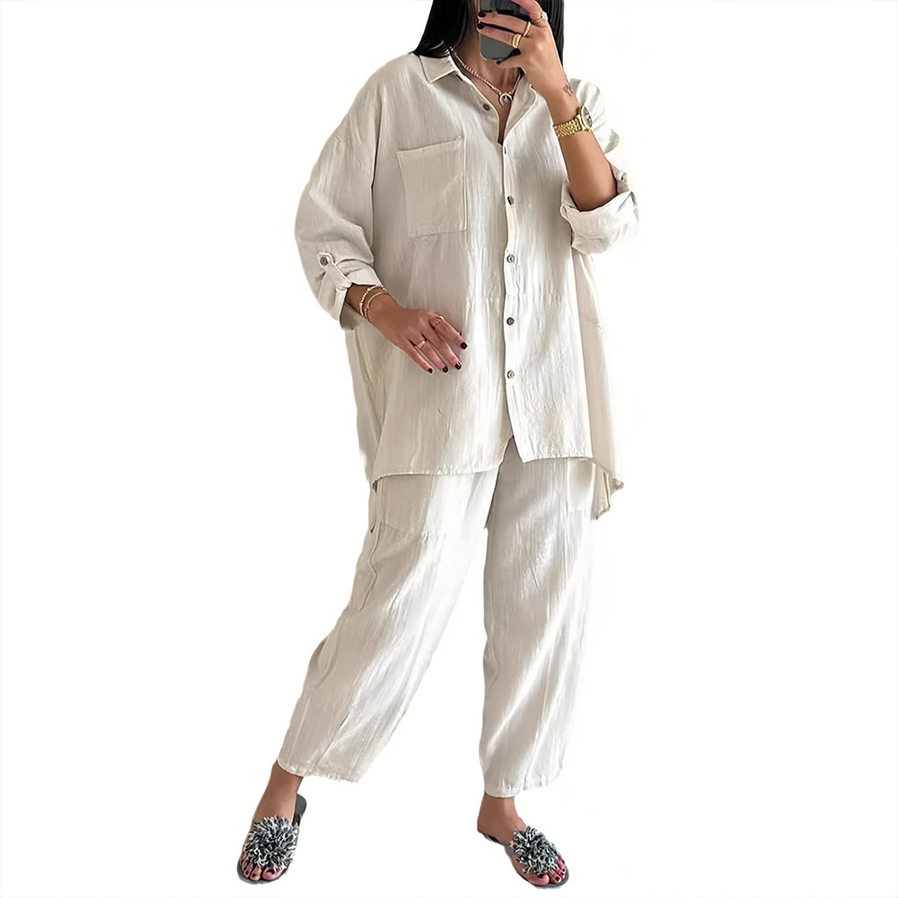 Drune | Langarm-Set aus Hemd und Hose aus Baumwolle und Leinen für Damen