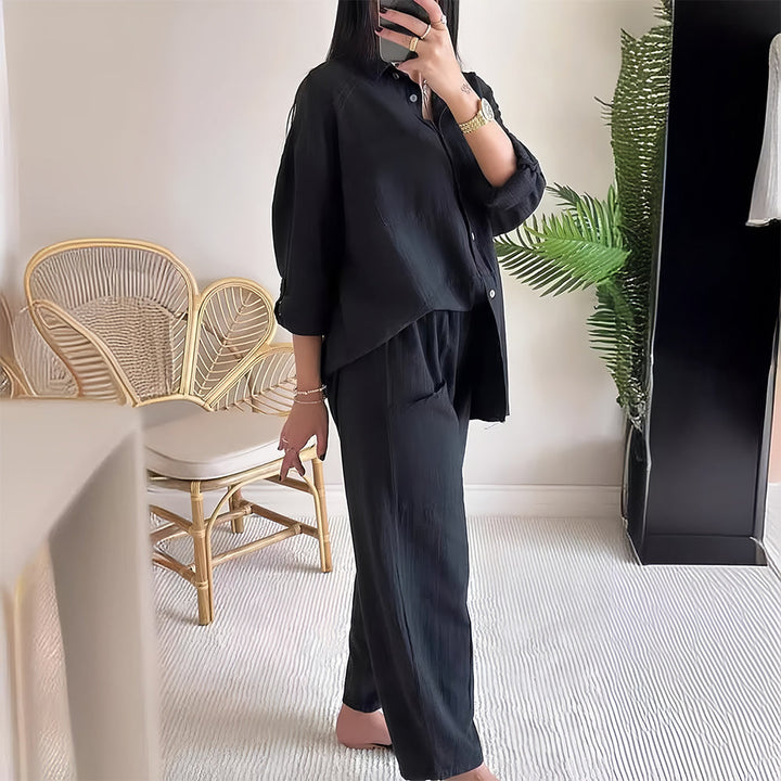 Drune | Langarm-Set aus Hemd und Hose aus Baumwolle und Leinen für Damen