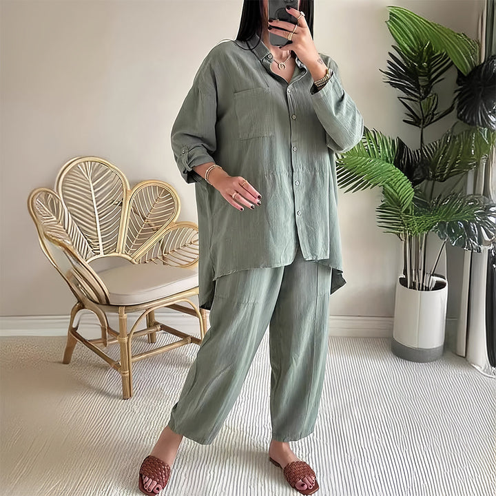 Drune | Langarm-Set aus Hemd und Hose aus Baumwolle und Leinen für Damen