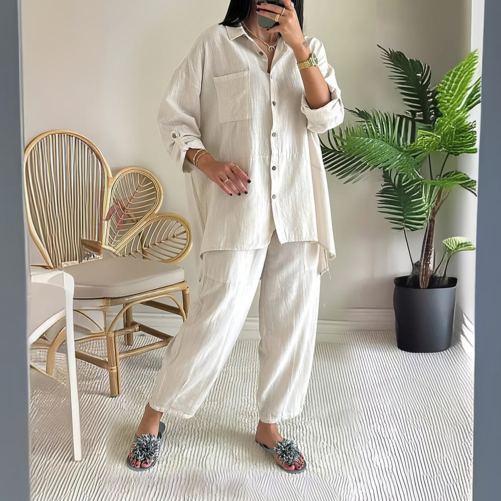 Drune | Langarm-Set aus Hemd und Hose aus Baumwolle und Leinen für Damen