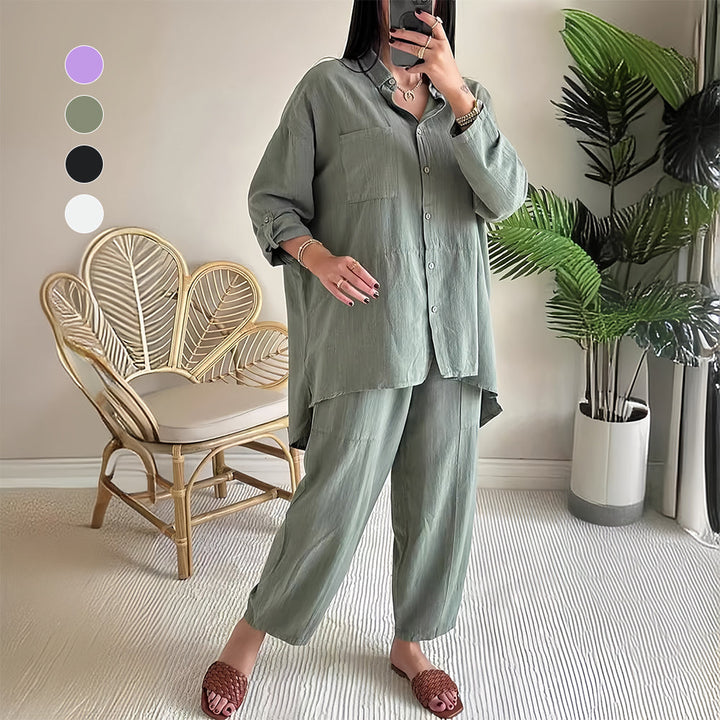 Drune | Langarm-Set aus Hemd und Hose aus Baumwolle und Leinen für Damen