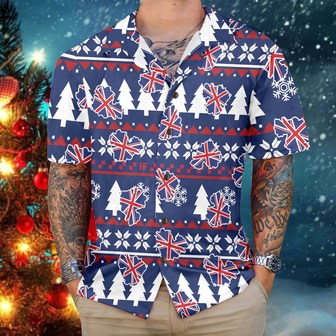 Drune | London Ugly Christmas Muster Hawaiian-Shirt, England Flag Weihnachtshemd für Männer