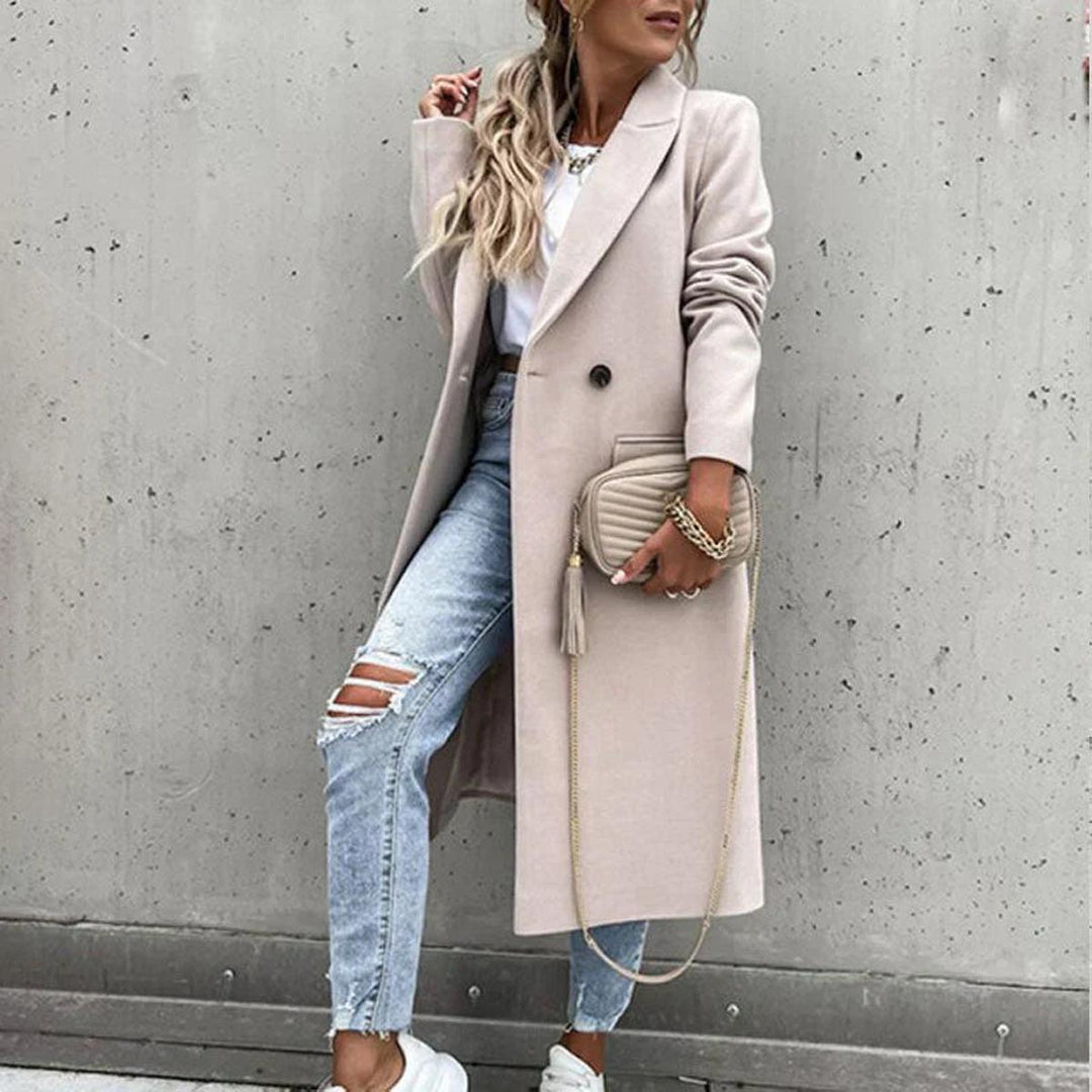 Drune | Langer Damen Wollmischmantel mit Knopfleiste und Seitlichen Taschen