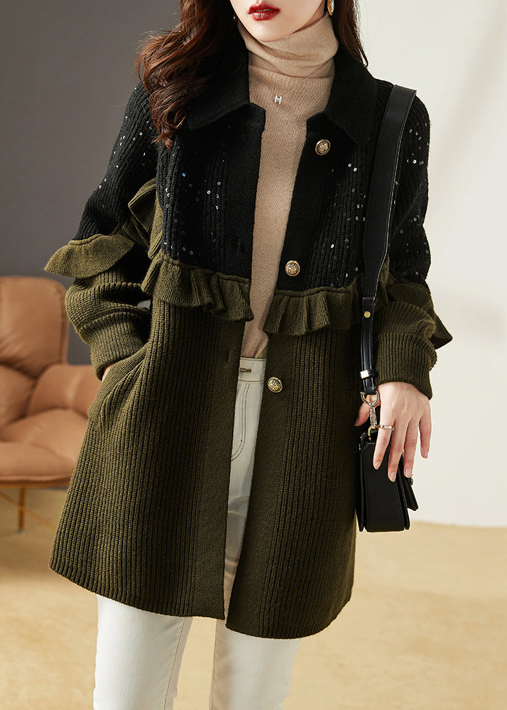 Drune | Armeegrün Rüschensequins Patchwork Strickmäntel