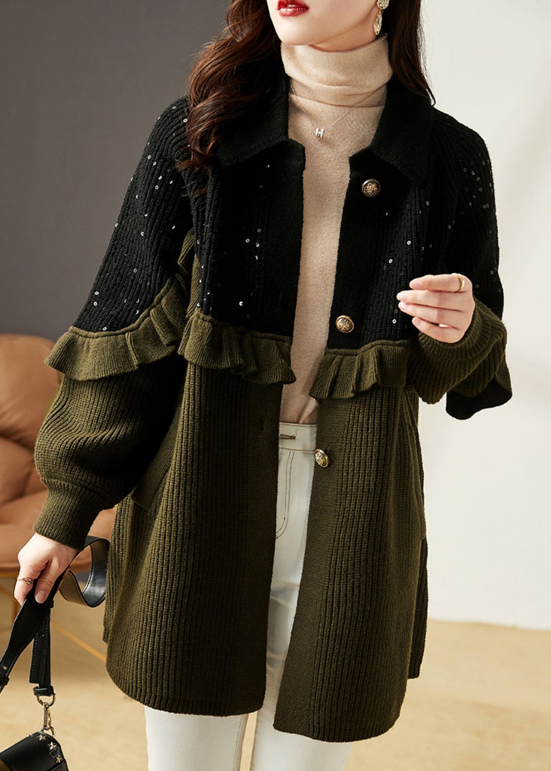 Drune | Armeegrün Rüschensequins Patchwork Strickmäntel
