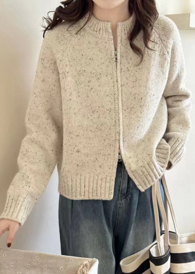 Drune | Beiger Reißverschluss-Patchwork Gemütlicher Strickmantel mit langen Ärmeln
