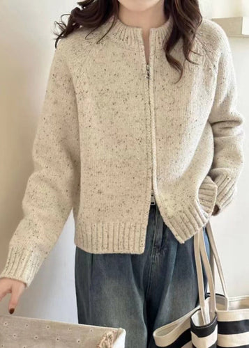 Drune | Beiger Reißverschluss-Patchwork Gemütlicher Strickmantel mit langen Ärmeln