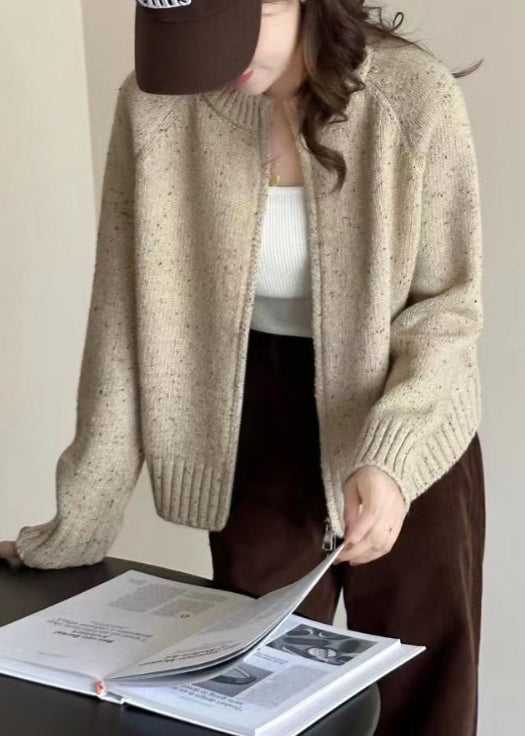 Drune | Beiger Reißverschluss-Patchwork Gemütlicher Strickmantel mit langen Ärmeln