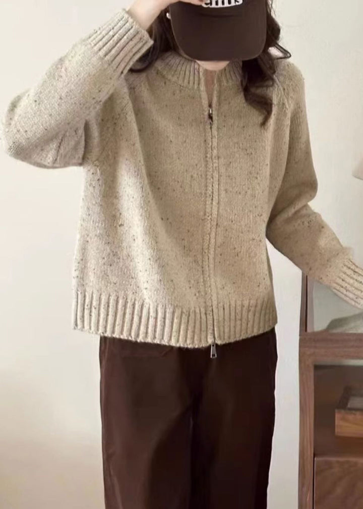 Drune | Beiger Reißverschluss-Patchwork Gemütlicher Strickmantel mit langen Ärmeln
