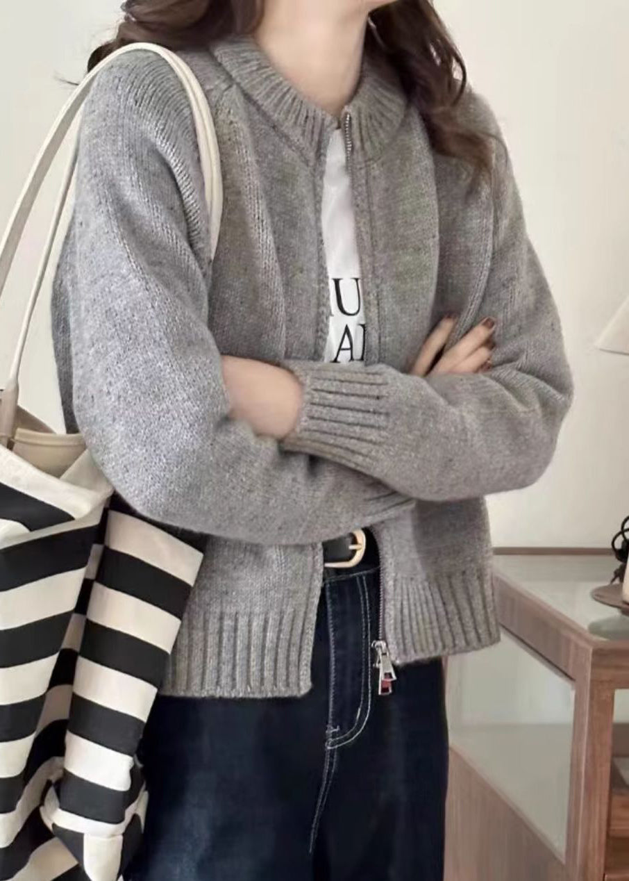 Drune | Beiger Reißverschluss-Patchwork Gemütlicher Strickmantel mit langen Ärmeln