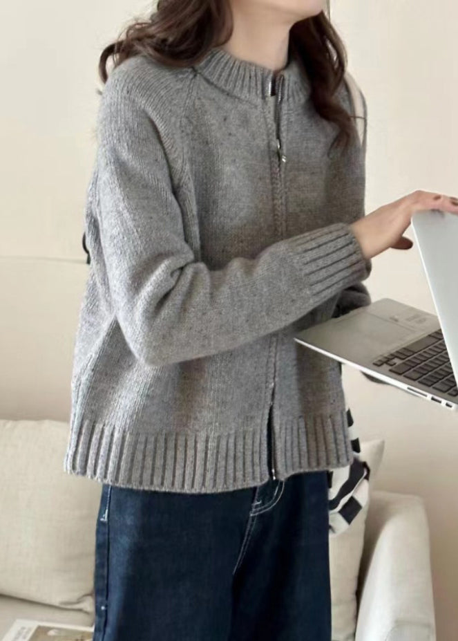Drune | Beiger Reißverschluss-Patchwork Gemütlicher Strickmantel mit langen Ärmeln