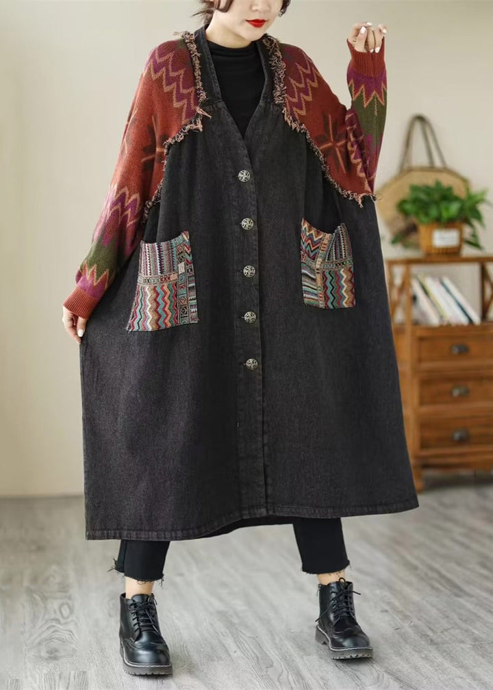 Drune | Schwarze Knopf Strick Patchwork Denim Lange Mäntel Lange Ärmel