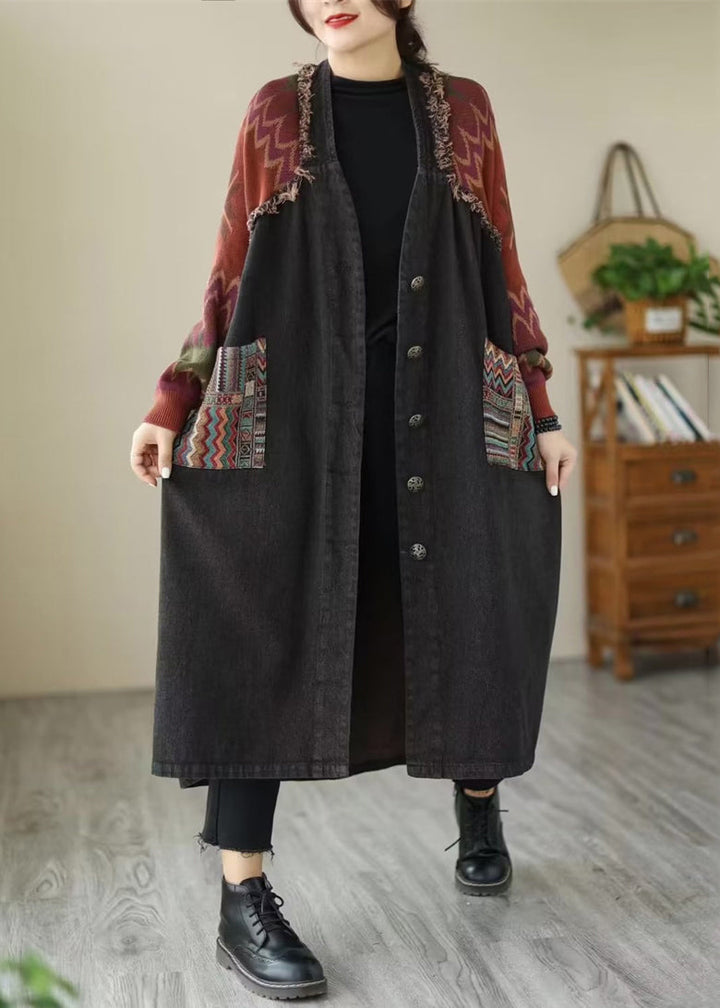 Drune | Schwarze Knopf Strick Patchwork Denim Lange Mäntel Lange Ärmel