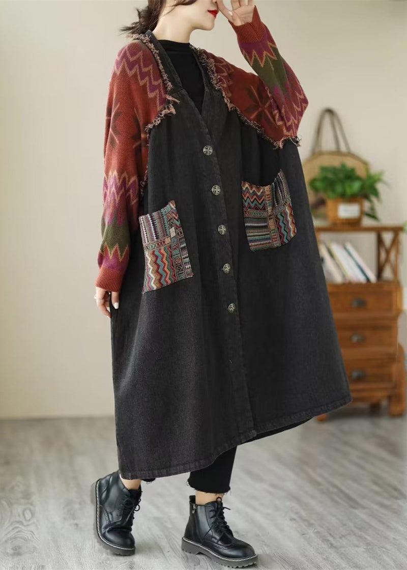 Drune | Schwarze Knopf Strick Patchwork Denim Lange Mäntel Lange Ärmel