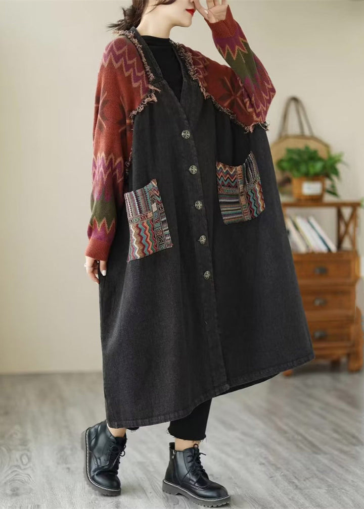 Drune | Schwarze Knopf Strick Patchwork Denim Lange Mäntel Lange Ärmel