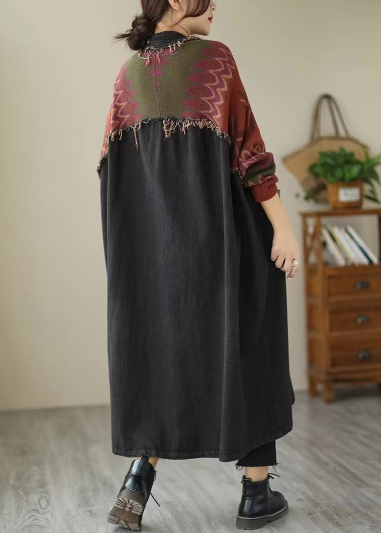 Drune | Schwarze Knopf Strick Patchwork Denim Lange Mäntel Lange Ärmel