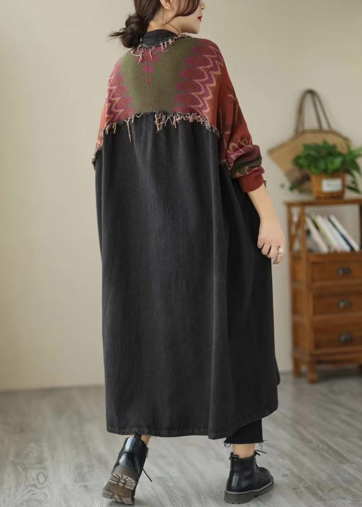 Drune | Schwarze Knopf Strick Patchwork Denim Lange Mäntel Lange Ärmel