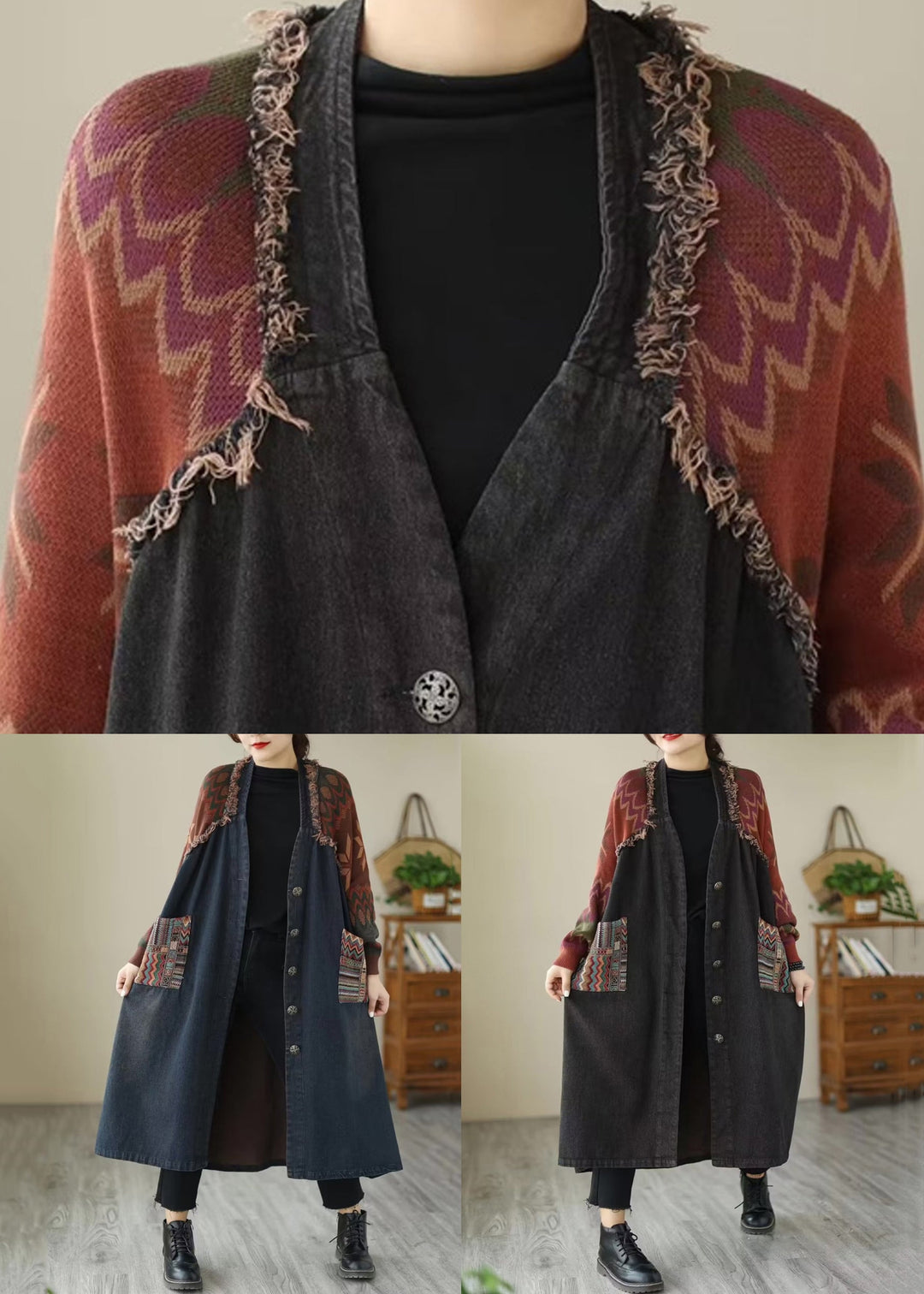 Drune | Schwarze Knopf Strick Patchwork Denim Lange Mäntel Lange Ärmel