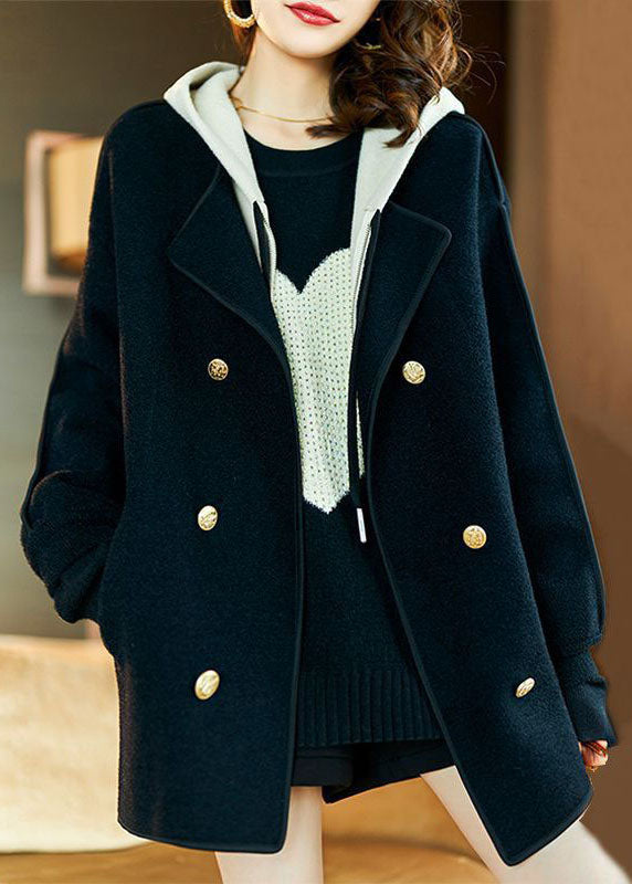 Drune | Schwarze Kapuzenjacke aus Wolle mitKordelzug, Patchwork, Taschen, Lange Ärmel