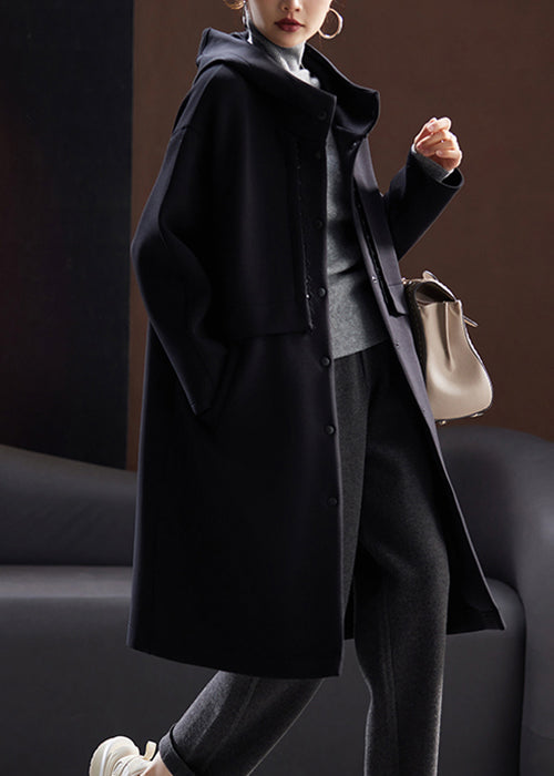 Drune | Schwarze Kapuzen-Patchwork-Falsche-Zwei-Teile Baumwollmäntel Lange Ärmel