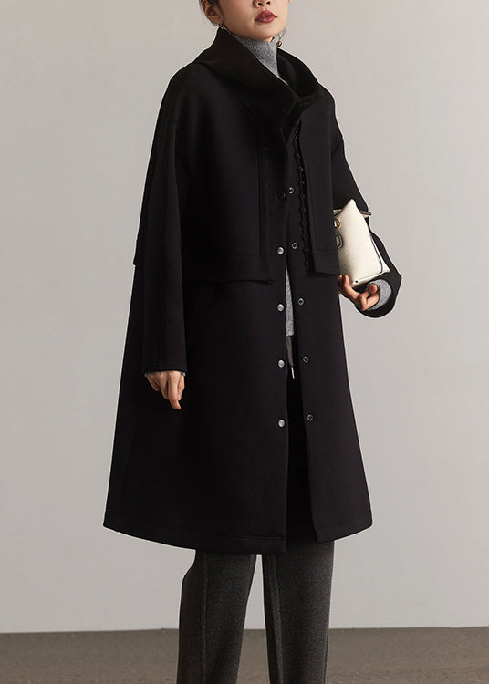Drune | Schwarze Kapuzen-Patchwork-Falsche-Zwei-Teile Baumwollmäntel Lange Ärmel